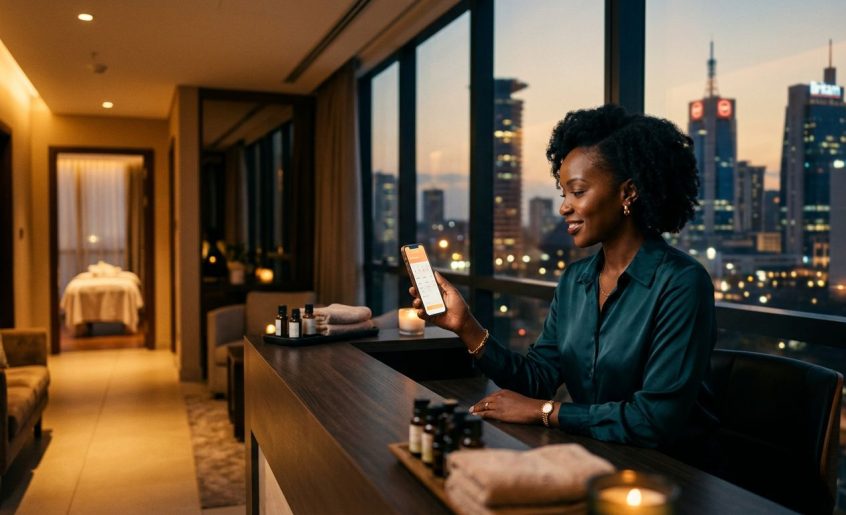 A woman checking a booking app on her phone at a modern spa reception desk.