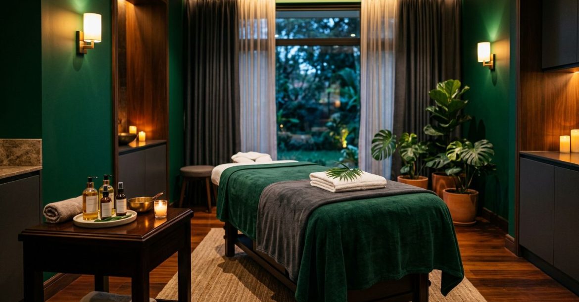 Elegant massage room with a table, candles, towels, oils, and greenery.