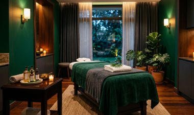 Elegant massage room with a table, candles, towels, oils, and greenery.