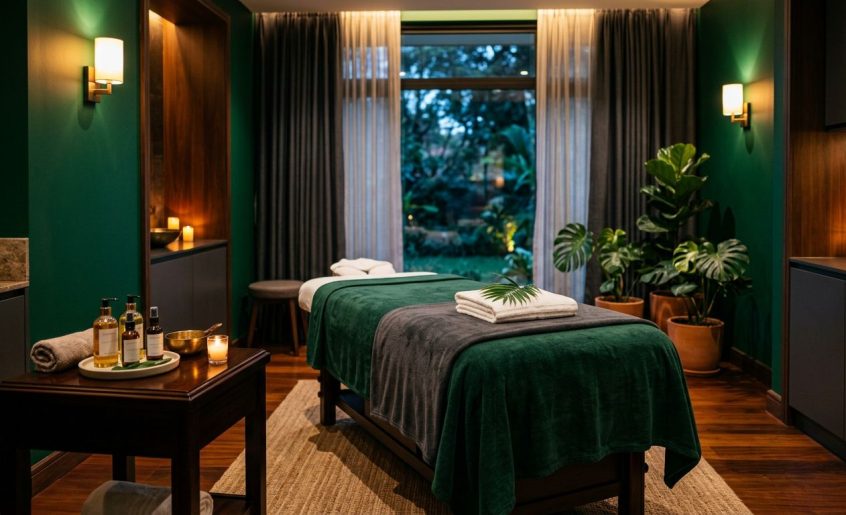 Elegant massage room with a table, candles, towels, oils, and greenery.