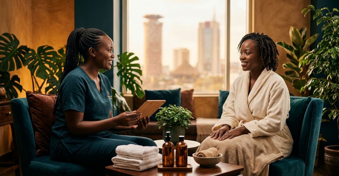 A therapist consults a client in a warm Nairobi spa room.