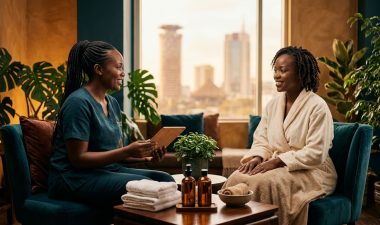 A therapist consults a client in a warm Nairobi spa room.
