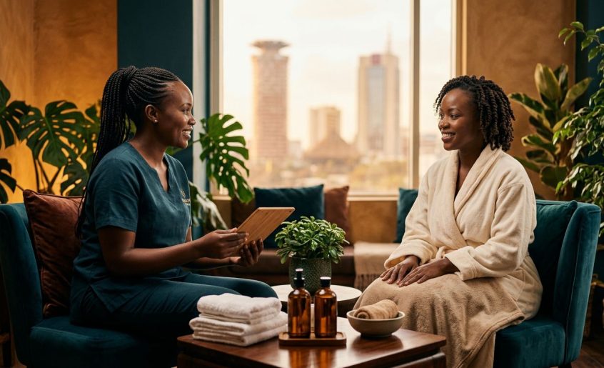 A therapist consults a client in a warm Nairobi spa room.