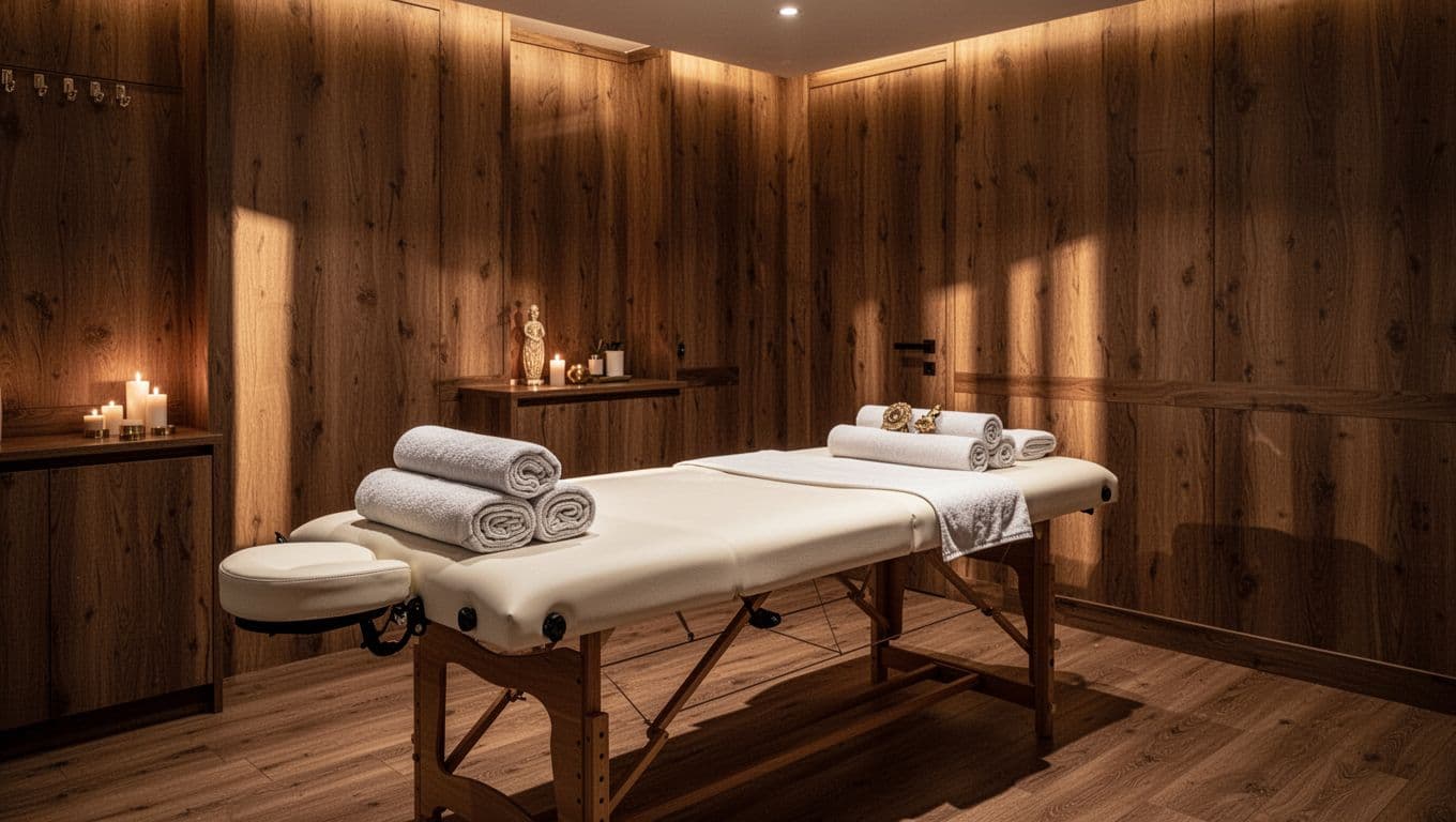 A serene spa room featuring a neatly prepared massage table and warm wood tones.