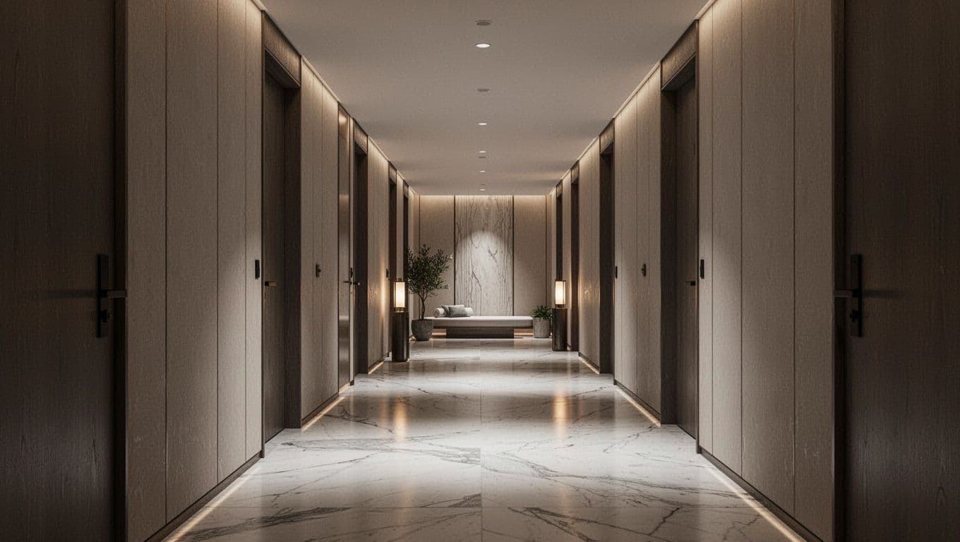 An upscale spa hallway with soft ambient lighting and clean modern decor.