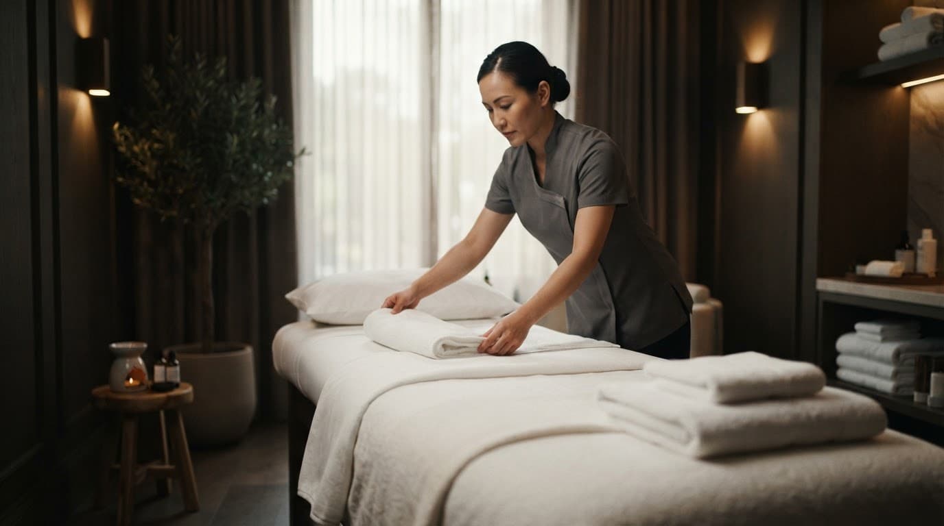 A therapist arranging white towels on a massage table in a spa.
