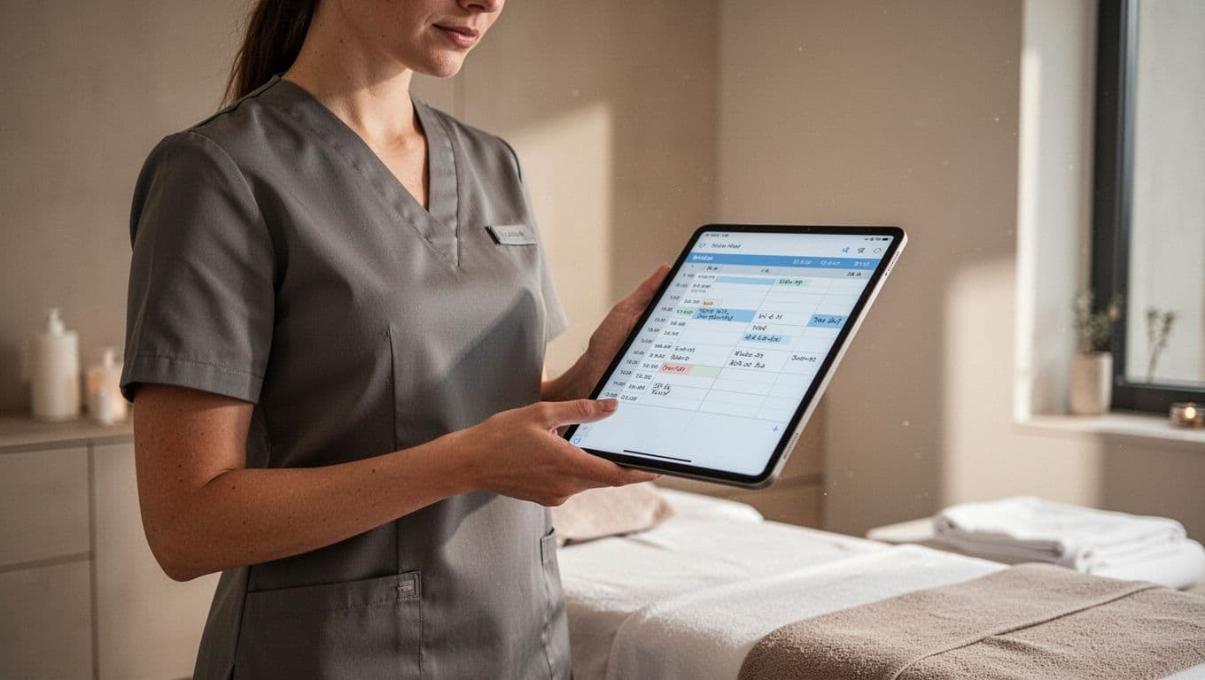 A massage therapist holds a tablet in a bright wellness studio.