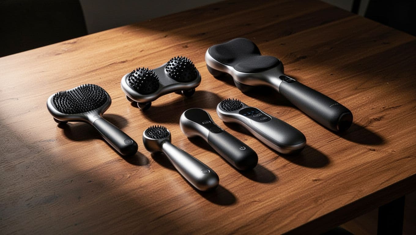 Ergonomic handheld back massage devices arranged on a dark wooden table.