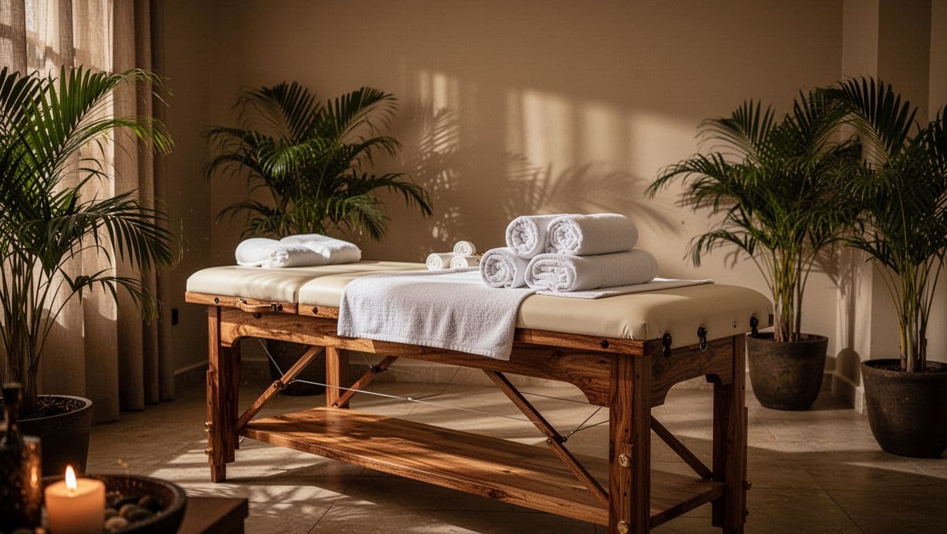 Luxury spa room with a wooden massage table, rolled towels, and tropical plants.