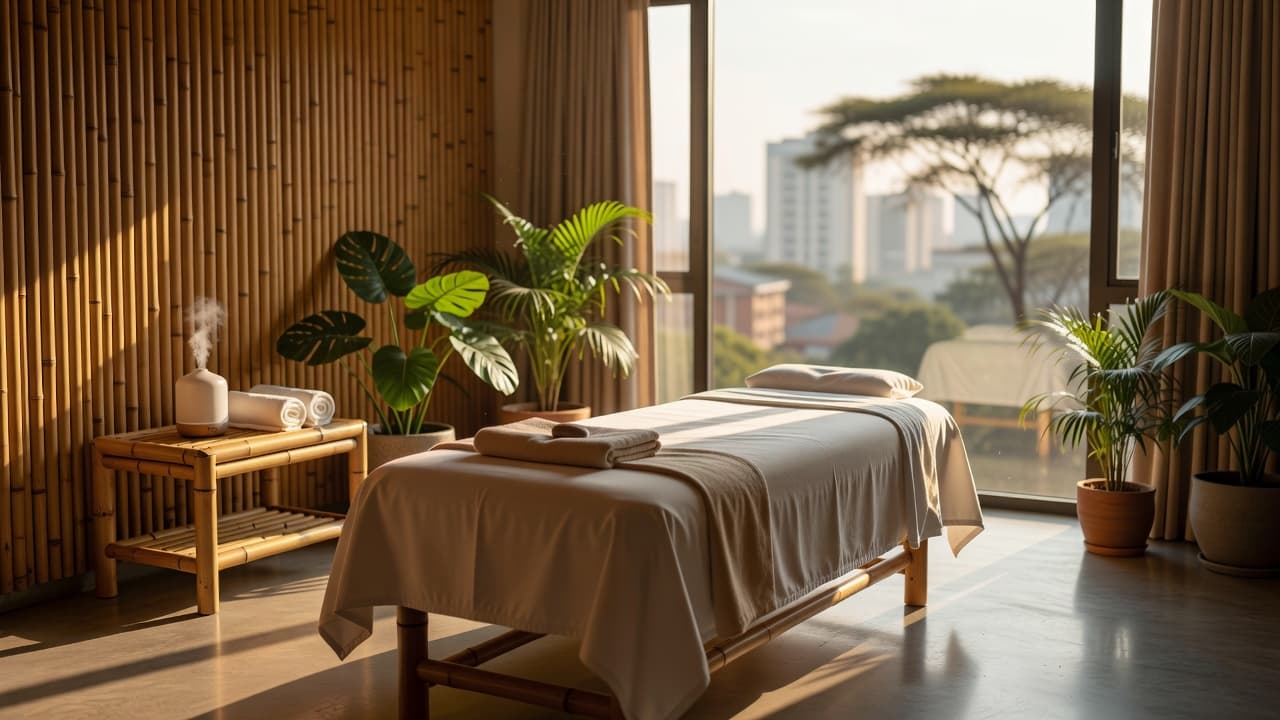 A serene massage room in Nairobi featuring bamboo walls and warm golden lighting.