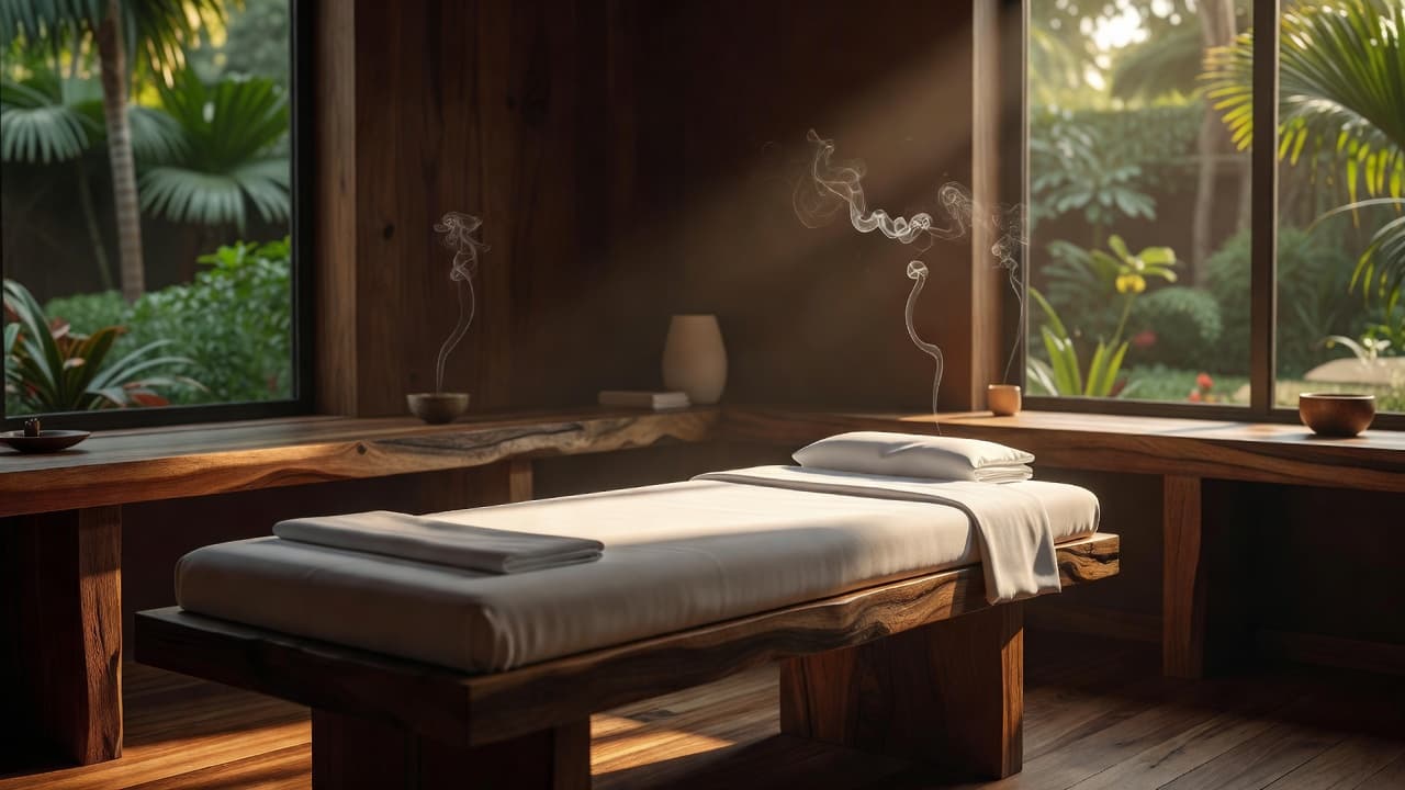 A tranquil massage table with white linens inside a minimalist spa room with wooden furniture and incense smoke.