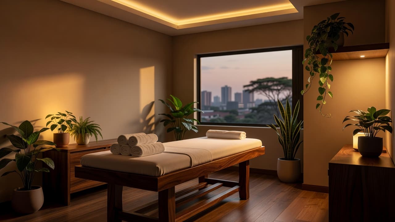 A wooden massage table with rolled towels and green plants in a warm spa room.