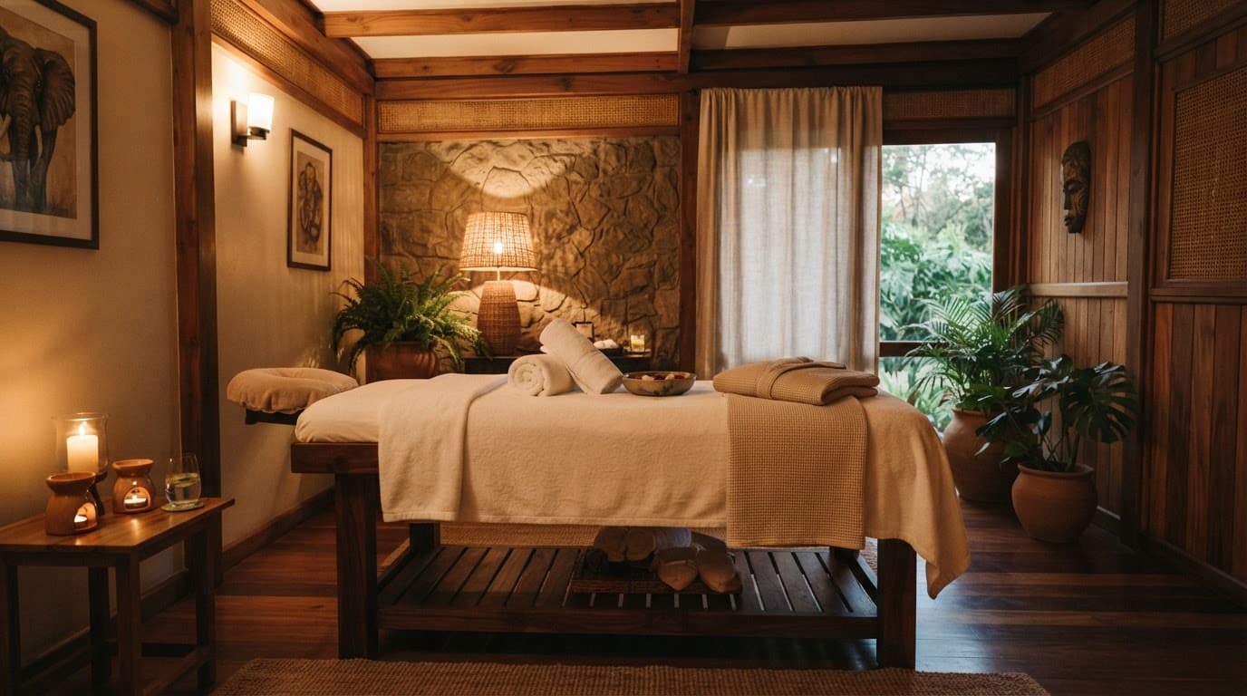A tranquil massage room in Nairobi with a wooden table, rolled towels, and warm lighting.