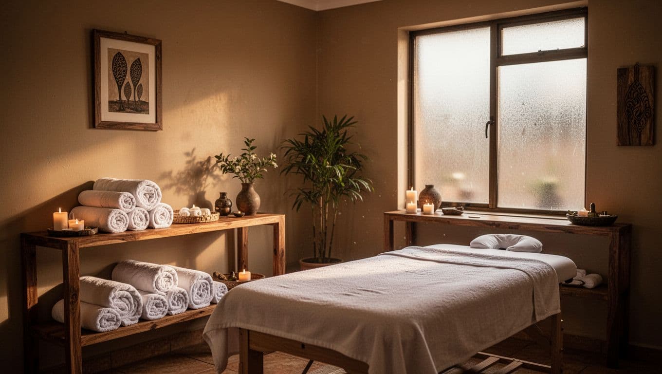 A serene massage therapy room with warm lighting and rolled towels.