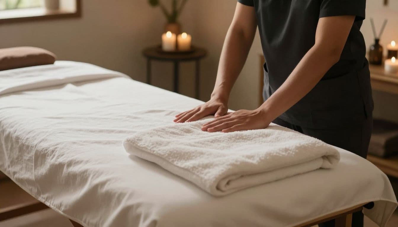 An empty massage table draped in fresh linens inside a serene spa room with warm natural light.