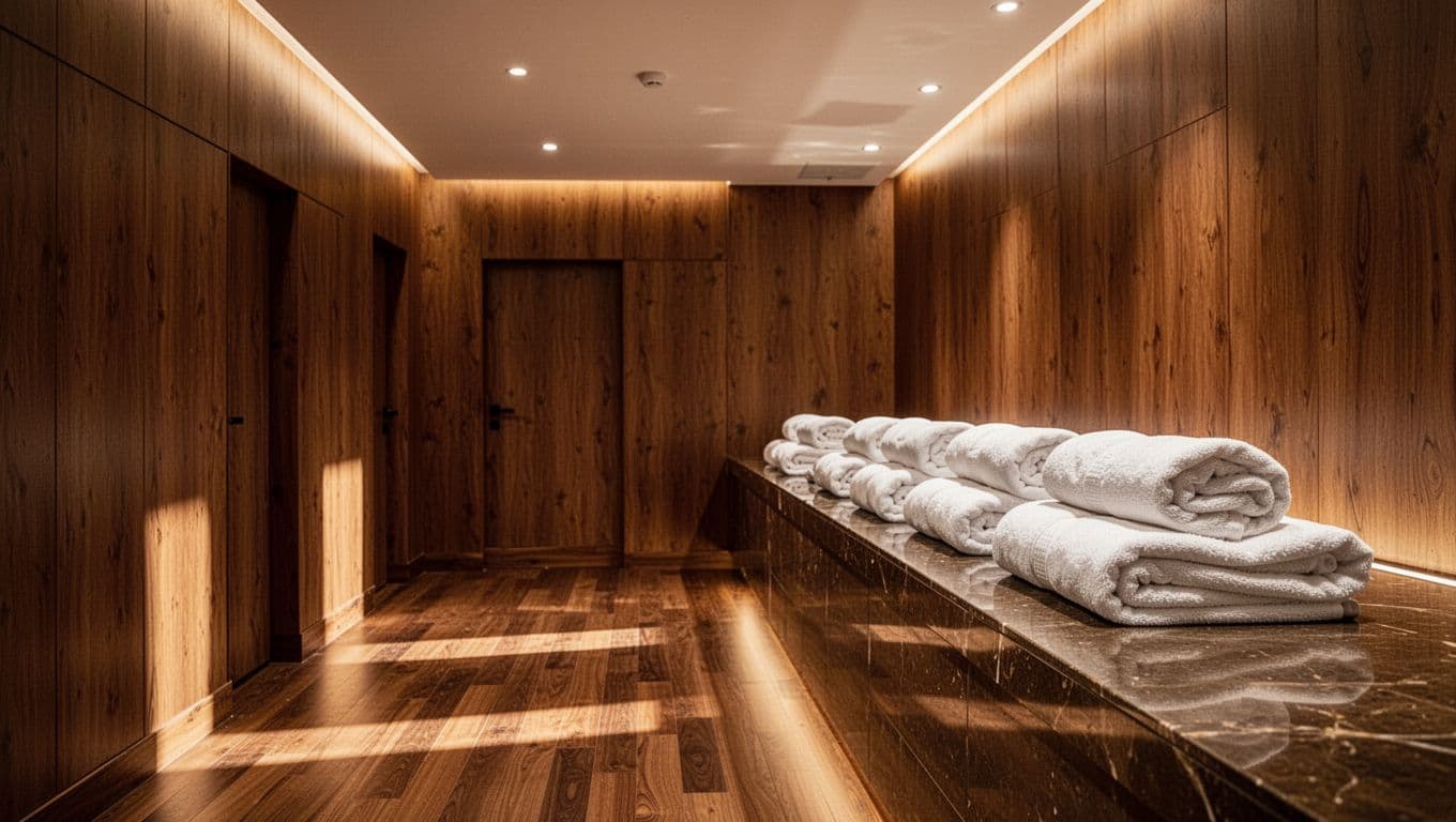 Warm wooden spa interior with stacked fluffy towels and soft ambient lighting.
