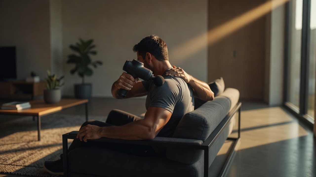 An individual uses a handheld massage gun to target shoulder tension in a comfortable living room.