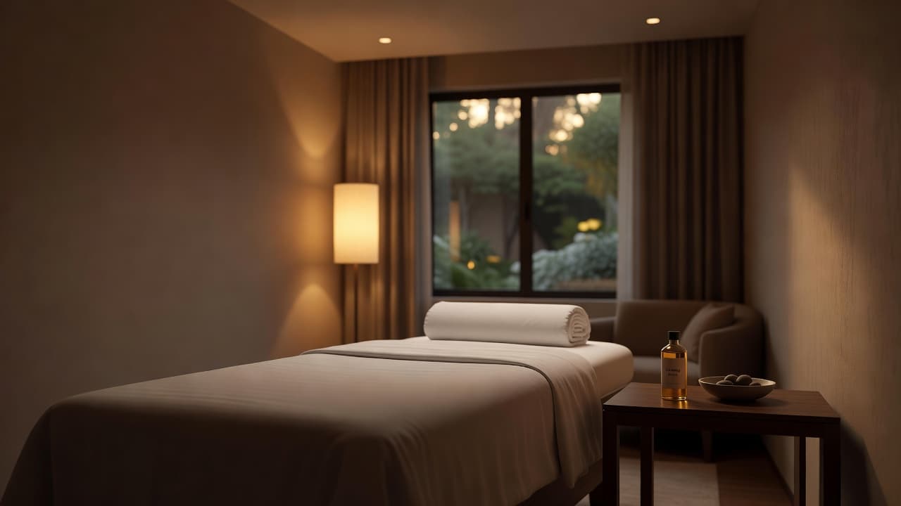 A comfortable massage table with white linens in a tranquil, dimly lit spa room.