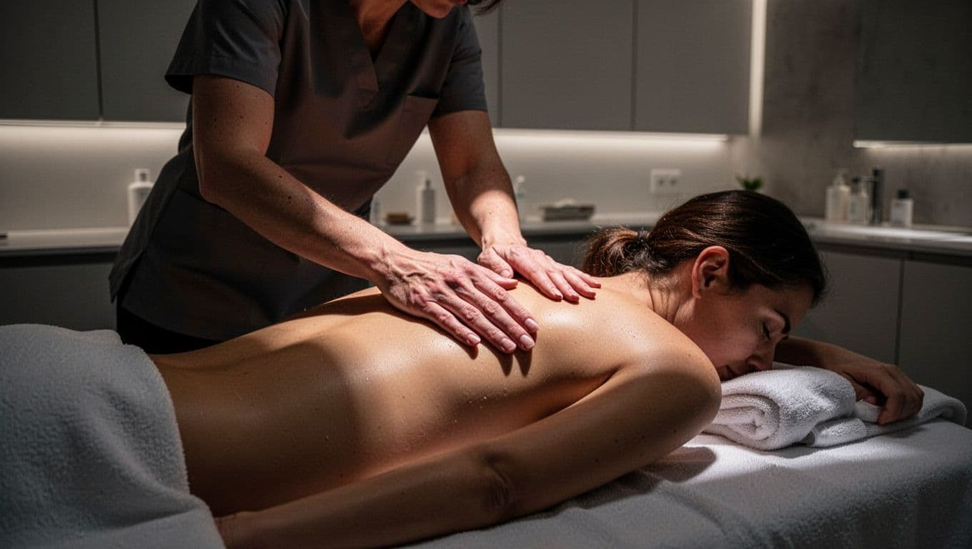 A therapist giving a relaxing back massage on a table in a modern room.