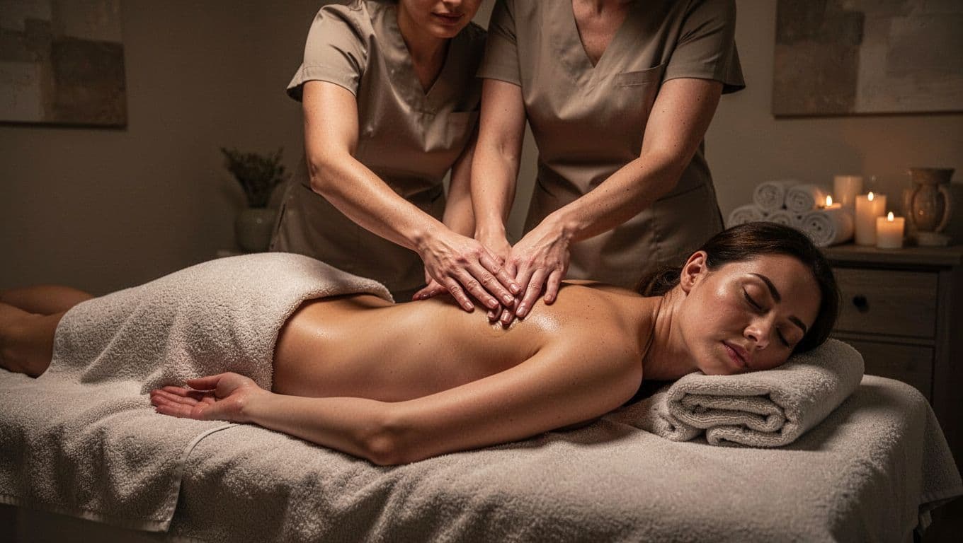A therapist giving a relaxing full body massage to a client in a serene, warmly lit spa room.