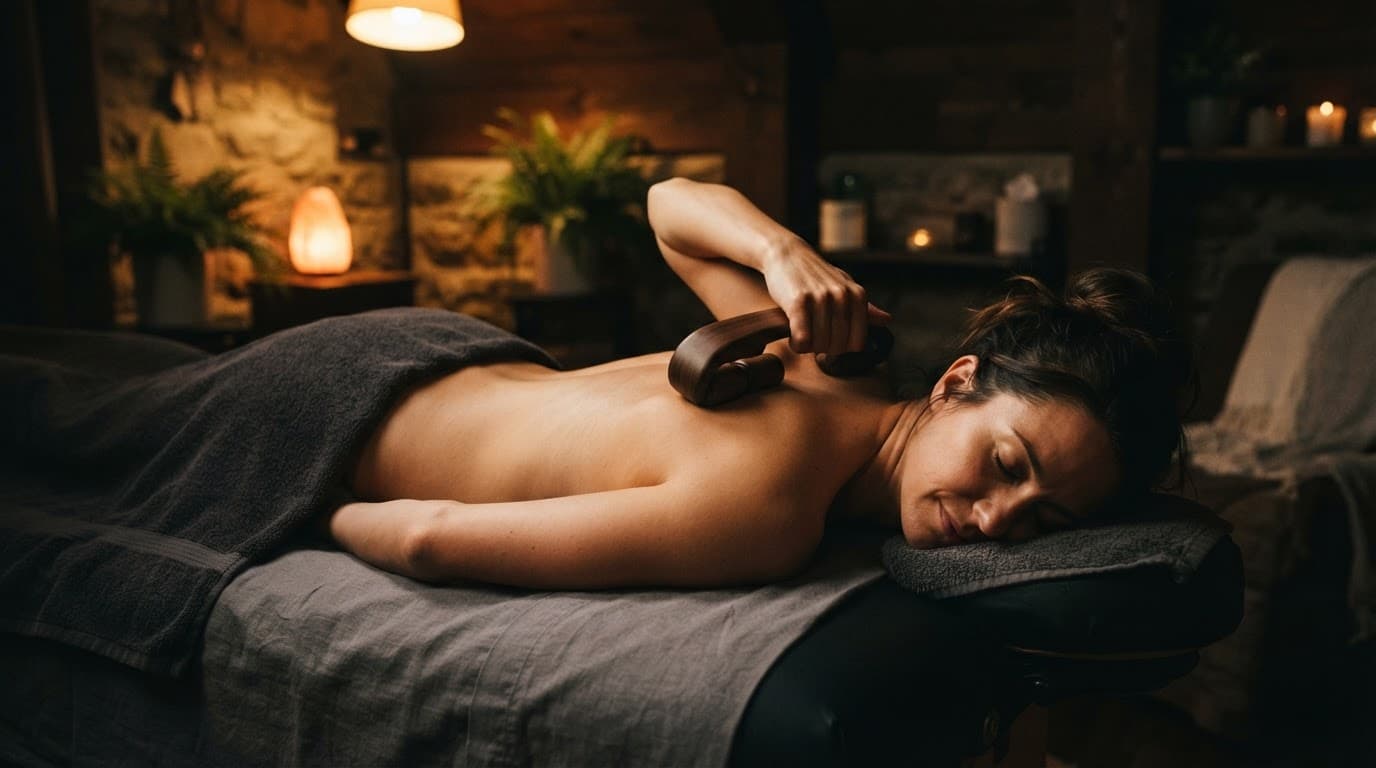 A person receiving a relaxing back massage with a wooden tool in a serene room.