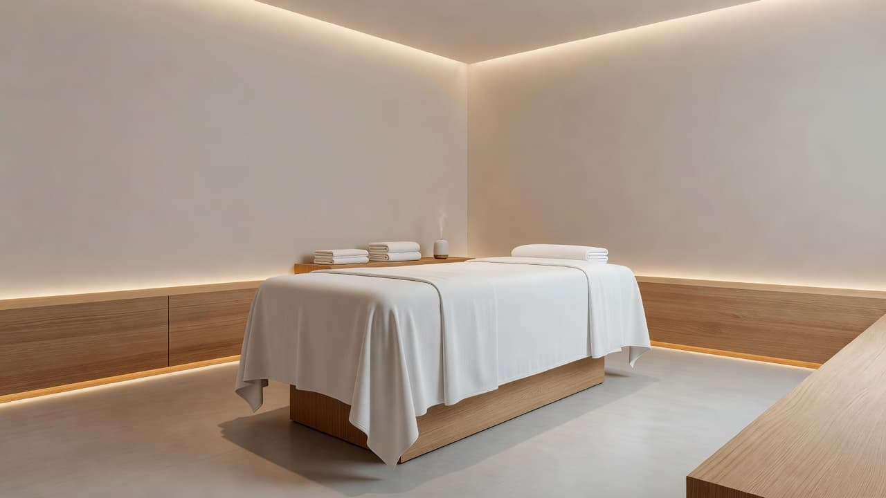 A massage table with clean white linens inside a dimly lit professional spa room.