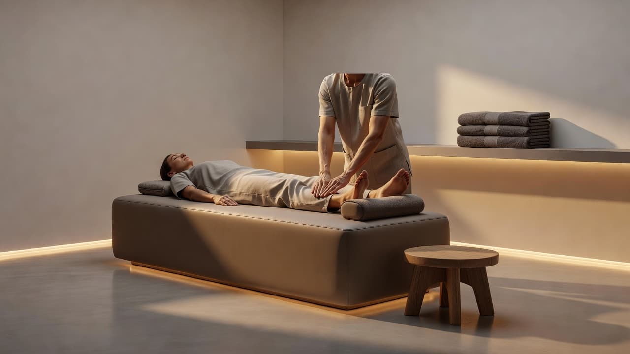 A therapist providing a soothing foot massage to a relaxed person in a peaceful spa setting.