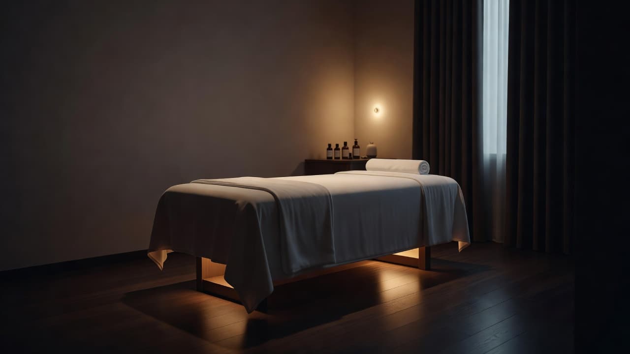 A clean massage table draped in white linens sits in a dimly lit, tranquil room with warm ambient lighting.