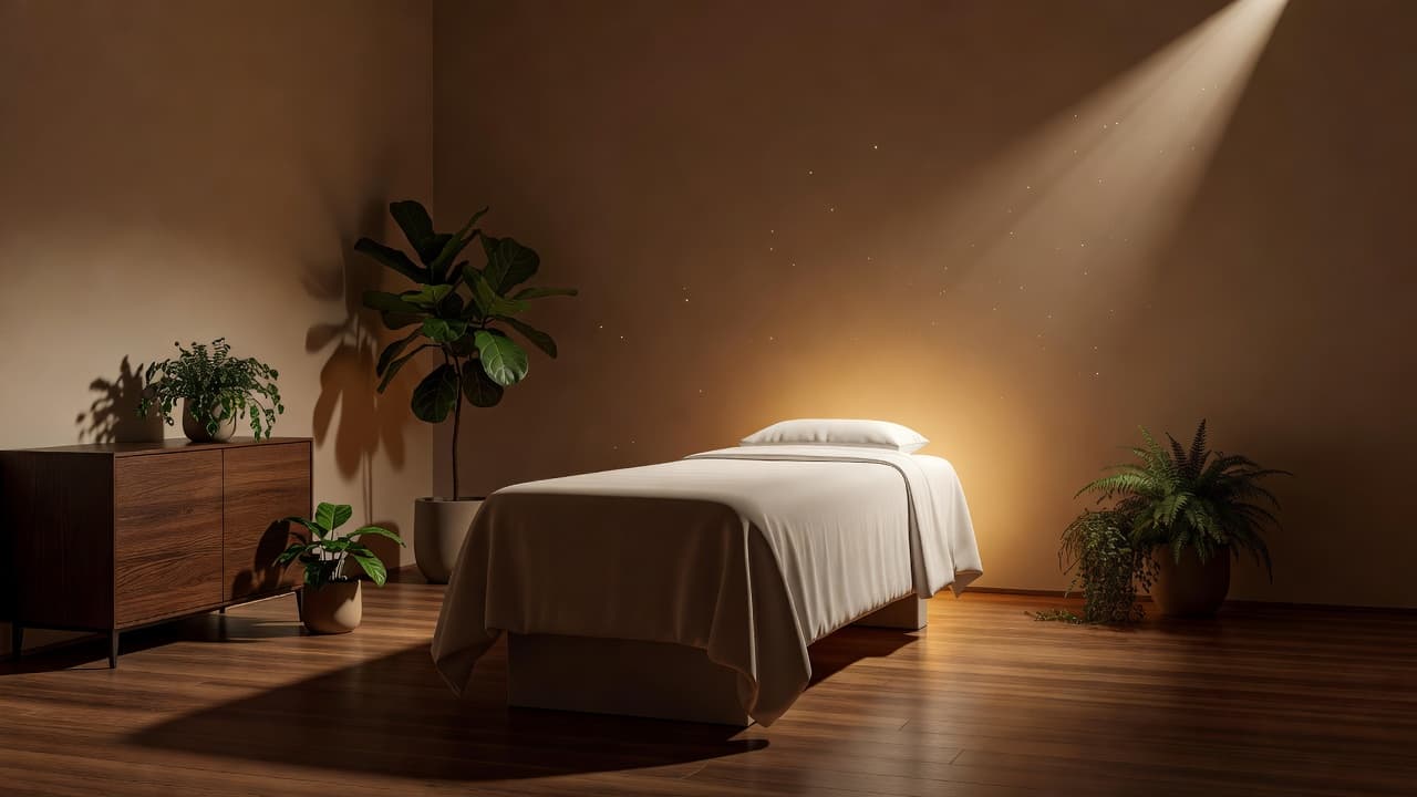 A tranquil massage room featuring a comfortable table with white linens and dim warm lighting.