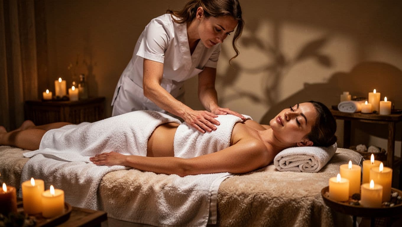 A therapist giving a relaxing back massage to a client in a warm spa room.