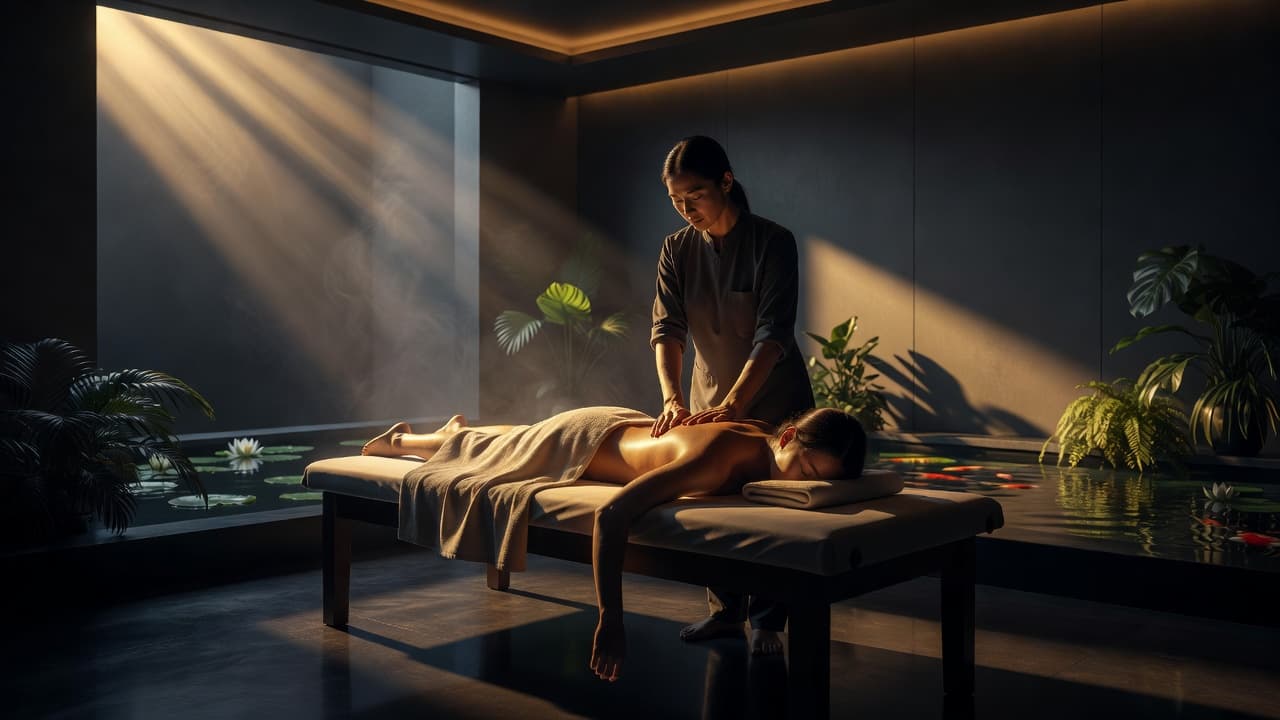 A dark massage room with a table draped in white towels under warm spotlights.
