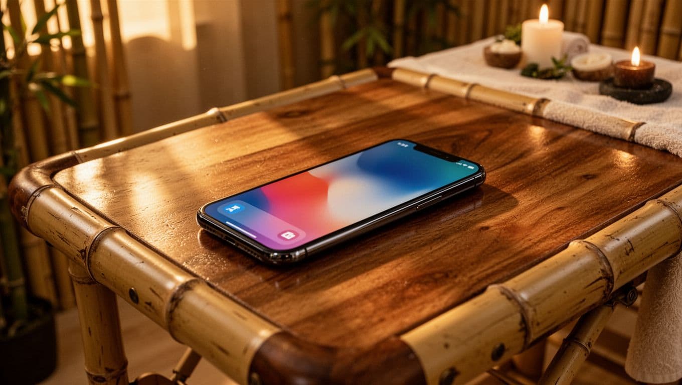 A smartphone on a wooden spa table glowing in warm golden light.