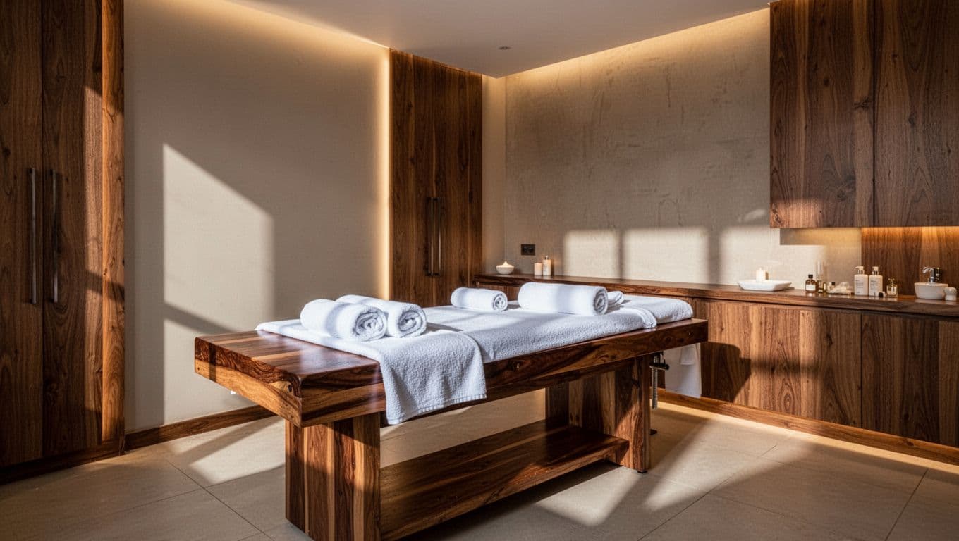 A prepared massage table in a modern spa room with warm wooden details.