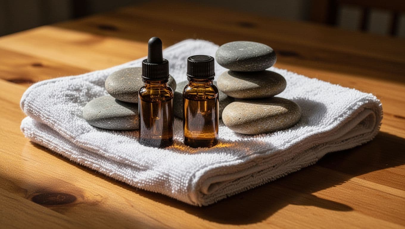 Amber oil bottles and smooth stones sit on a folded towel in dramatic light.