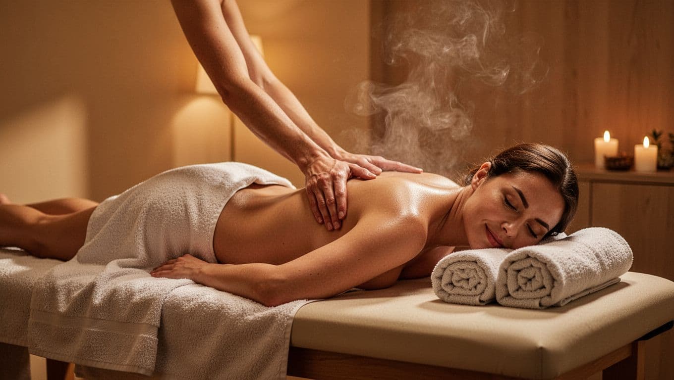 A silhouetted person rests on a massage table in a warm, steamy spa room.