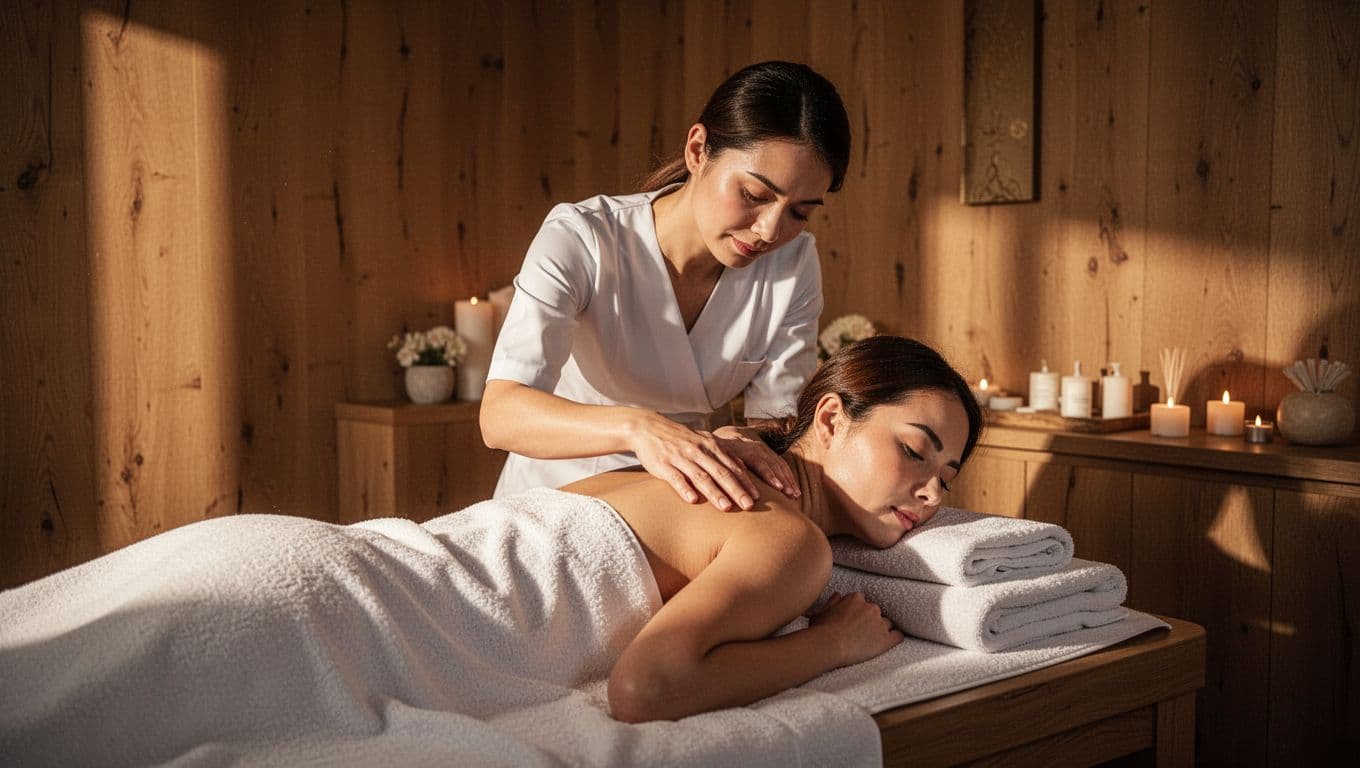 A therapist gives a shoulder massage to one person in a warmly lit spa room.