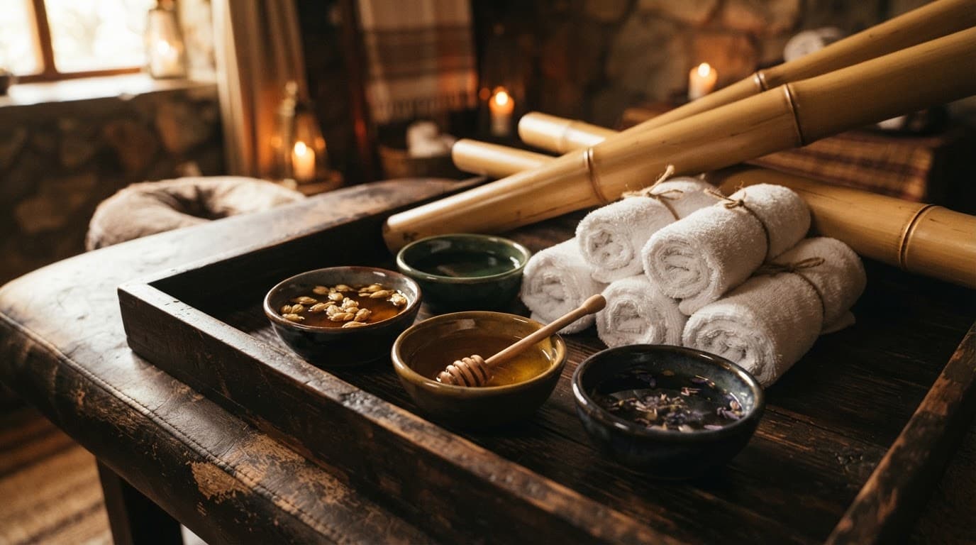 Ceramic bowls of massage oil with towels and bamboo on a dark wood tray.