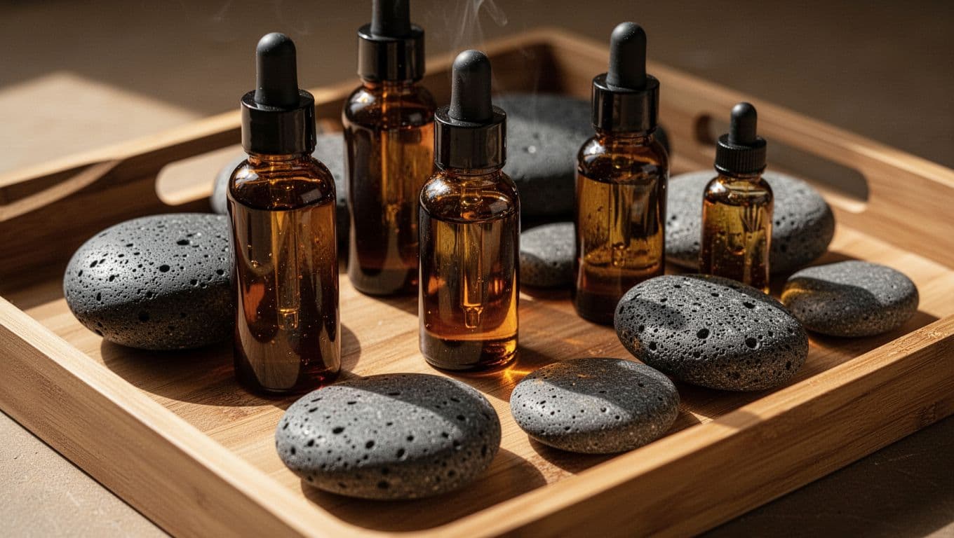 Basalt stones and amber oil bottles arranged on a wooden tray.