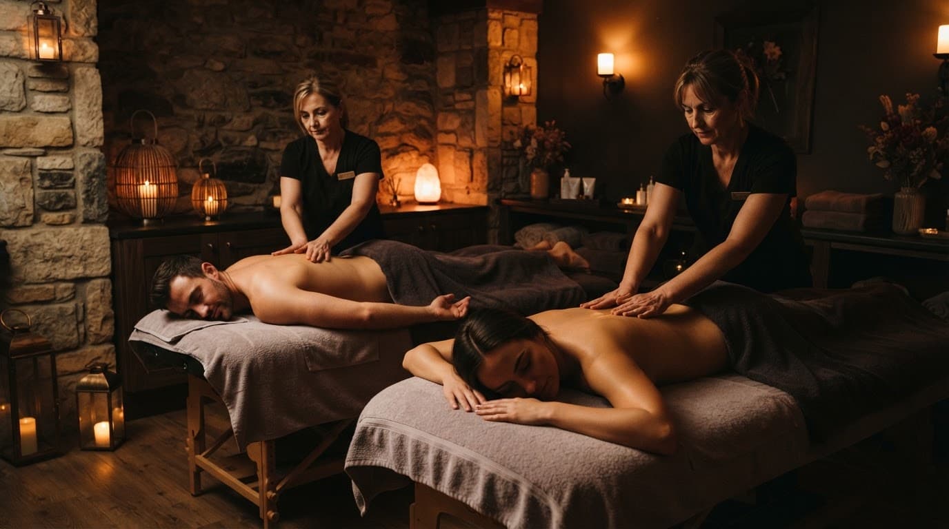 A couple receives massages in a warmly lit spa room with wooden and stone decor.
