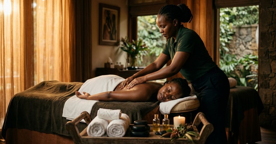 A woman receives a back massage while towels, stones, and oil bottles sit nearby.
