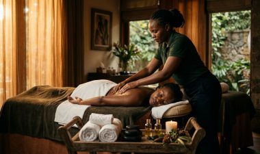 A woman receives a back massage while towels, stones, and oil bottles sit nearby.