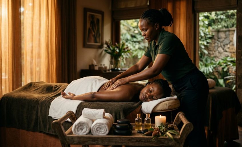 A woman receives a back massage while towels, stones, and oil bottles sit nearby.