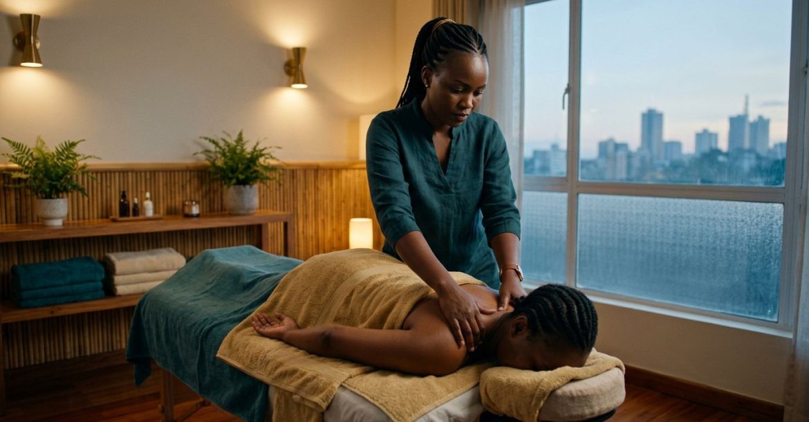 Therapist applying shoulder pressure to a draped client in a warmly lit Nairobi wellness studio.
