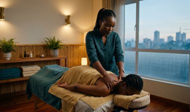 Therapist applying shoulder pressure to a draped client in a warmly lit Nairobi wellness studio.