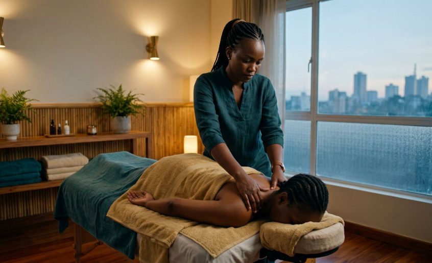Therapist applying shoulder pressure to a draped client in a warmly lit Nairobi wellness studio.