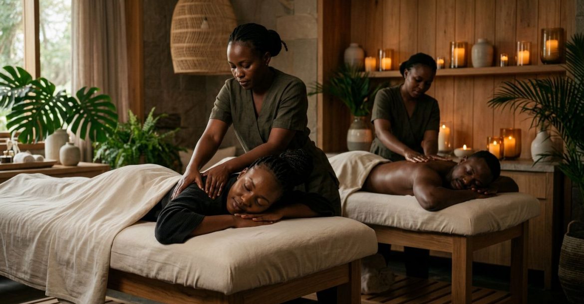 A couple receives massages side by side in a softly lit Nairobi spa.