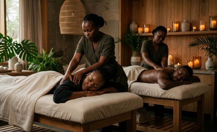 A couple receives massages side by side in a softly lit Nairobi spa.