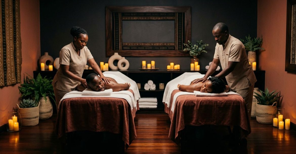 A couple receives massages side by side in a warmly lit Nairobi spa.