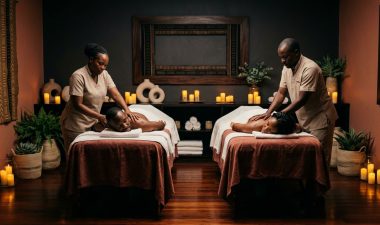 A couple receives massages side by side in a warmly lit Nairobi spa.