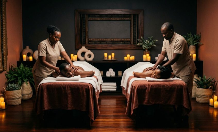 A couple receives massages side by side in a warmly lit Nairobi spa.